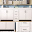 Meuble-lavabo double blanc de 84 pouces avec 2 lavabos en céramique, comptoir en quartz, rangement personnalisable, 3 tiroirs et poignées en métal argenté pour un décor de salle de bain moderne en pouces, tablettes réglables, tiroirs,-702604809-702604822