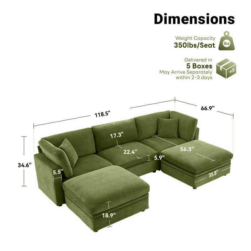 Oversized Down-Filled Modular Sofa With Ottomans, 34.6" H x 118.5" W x 66.9" D, Green
