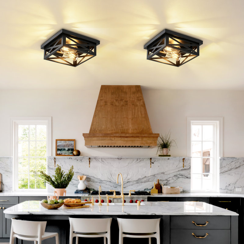 2-Pack Industrial Squre Black Metal 2-Light Flush Mount Ceiling Light(Bulb Not Include)