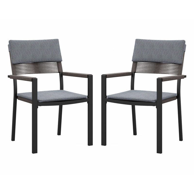 Chaises de patio en métal et osier avec coussins (ensemble de 2), Gris foncé