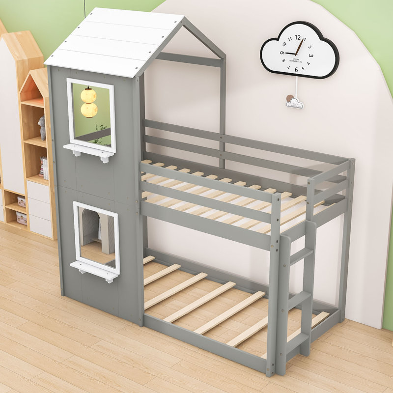 Lit superposé simple en bois en forme de maison avec toit incliné et fenêtre, Grey