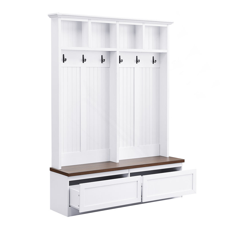 55.9"W Hall Tree with Bench, 2 Large Drawer, White