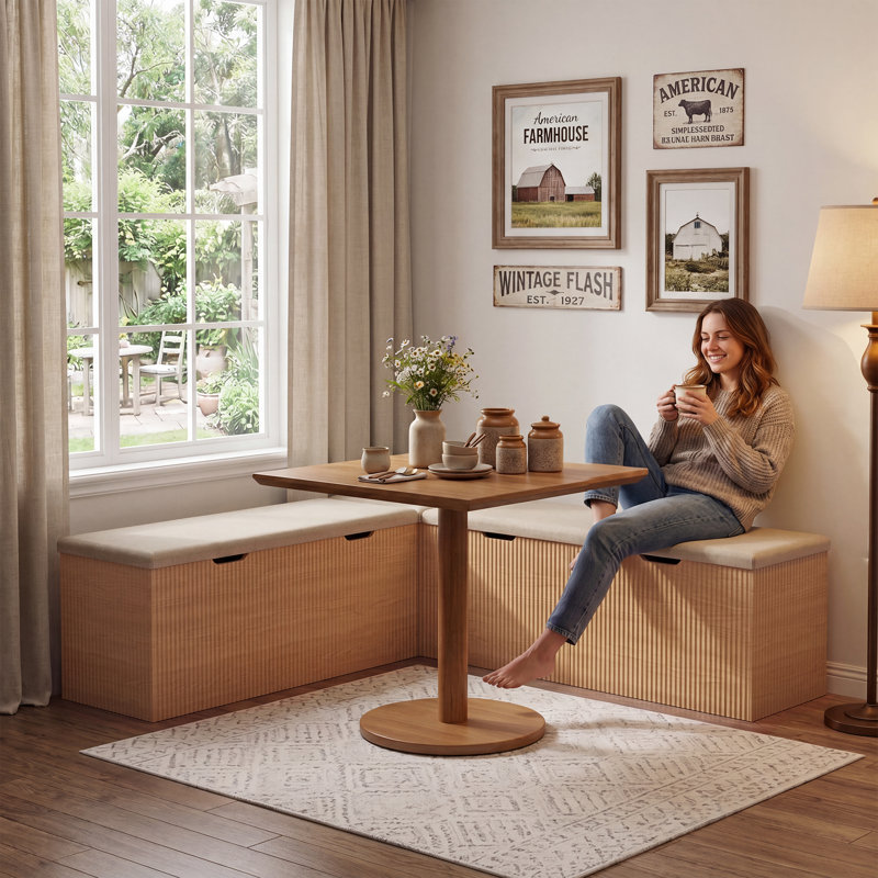 Banc de rangement en coin avec plateau rembourré - Siège de fenêtre en L avec compartiment caché pour la cuisine et la salle à manger