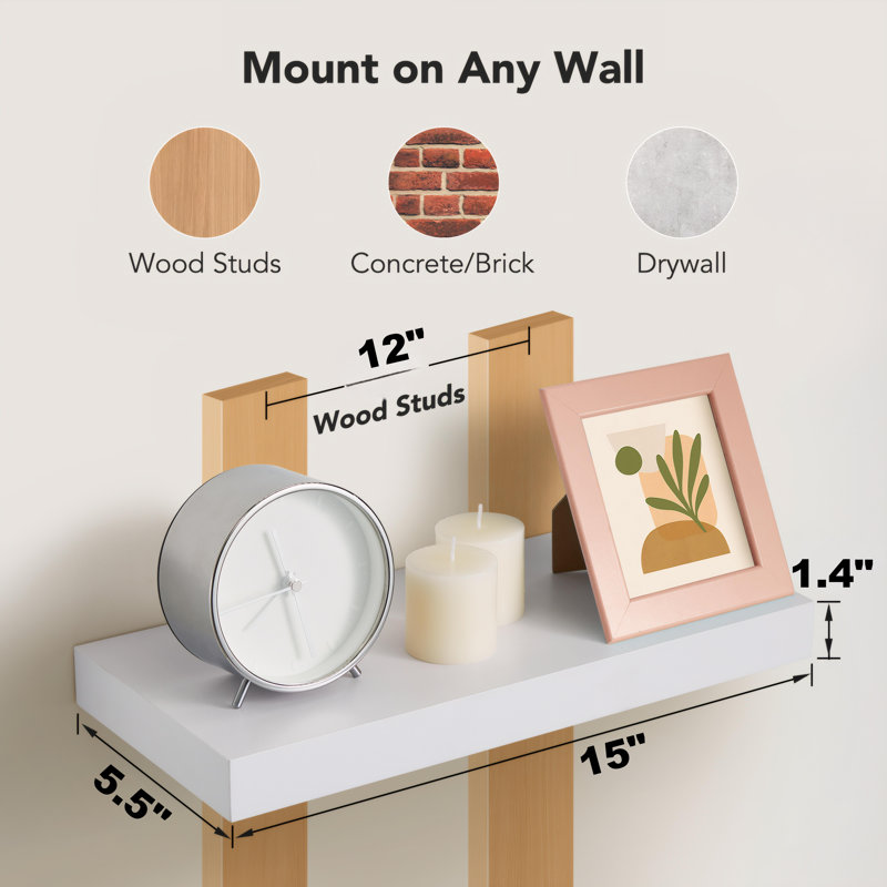 15" W x 5.5" D Floating Shelves Set with Invisible Wall Mount Bracket, White