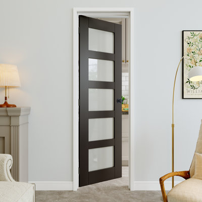 Porte pré-suspendue en verre givré noir 24 po x 80 po à 5 lumières avec bouton rond et charnières noires, dalle de porte d'intimité en verre, insonorisant et imperméable, combinaison pour la lessive, portes de placard, portes de pièce, main gauche
