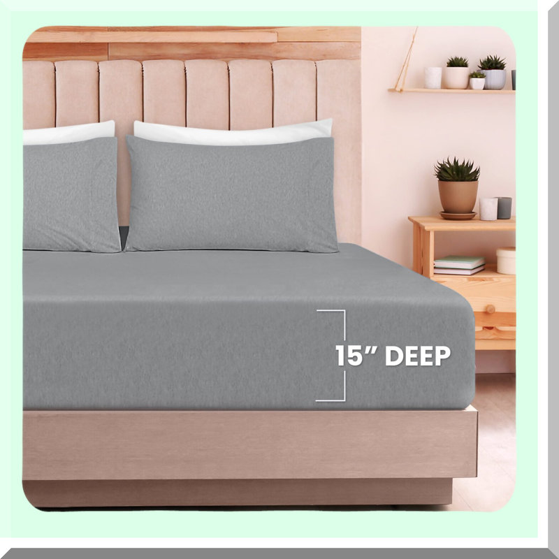 SoftCotton Jersey Queen Sheet Set - 4 Piece T-Shirt Stretchy Sheets in Heather Light Grey - Breathable, Cozy, and Luxurious Bedding for a Restful Sleep