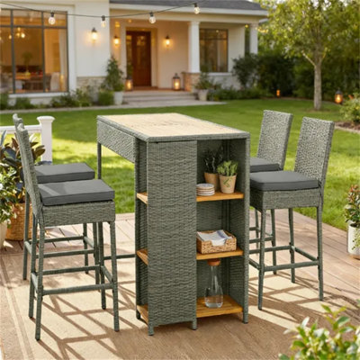 Table de bar d'extérieur en bois gris et naturel avec 4 tabourets et tablettes