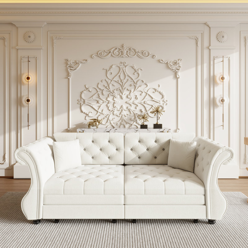 Canapé-lit surdimensionné en velours 83,8 po Chesterfield, 34.62" H x 83.82" W x 32.72" D, Beige