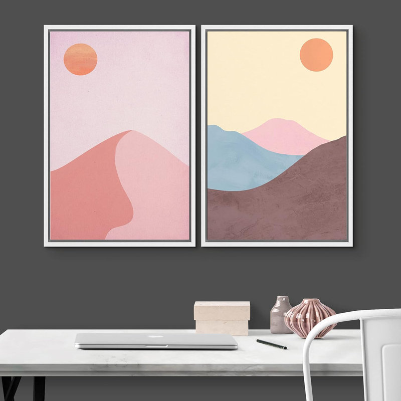 Soleil et lune au-dessus des dunes de sable pastel, géométrique, minimaliste, Mid-Century, moderne, Blanc, H 24 po x l 32 po