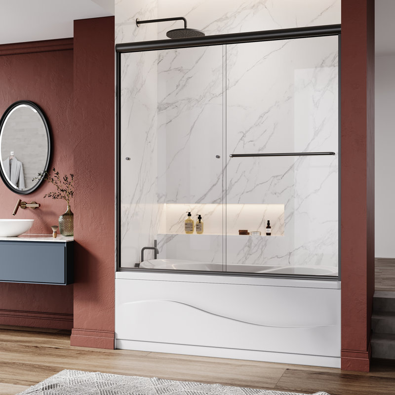 Porte de baignoire coulissante demi-cadre l 56 à 60 po x H 62 po avec verre trempé transparent de 1/4 po, barre réversible et porte-serviettes inclus