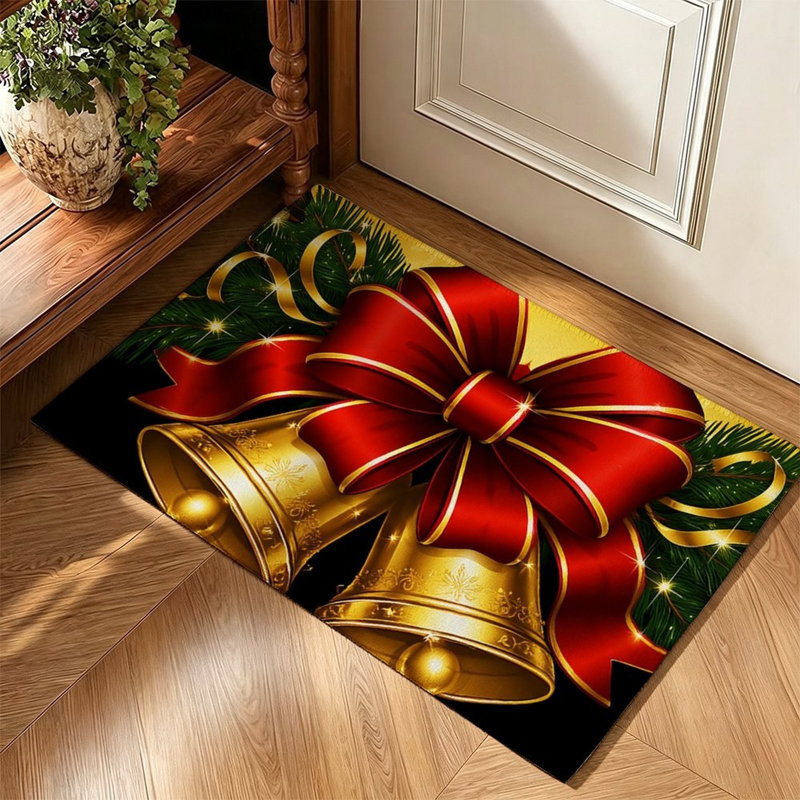 Tapis de Noël doré et rouge avec cloche et nœud, 119 x 79 cm