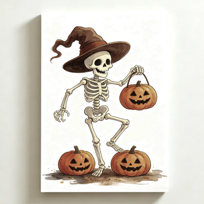 Art d'Halloween sur toile, squelette de chapeau de sorcière 24 po x 36 po tenant une citrouille, debout sur des citrouilles-lanternes, reproduction d'aquarelle sur toile. Décoration murale moderne pour chambre à coucher, salon et bureau personnel