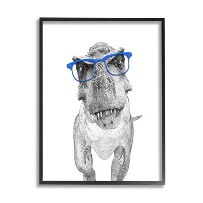 Adorable Monochrome T-Rex Dinosaur Blue Glasses Illustration Black Framed Giclee Texturized Art by Annalisa Latella