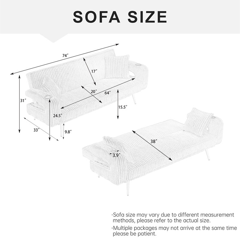 74" Mid-Century Modern Channel Tufted Sofa With Built-In Cup Holders,Pink, Pink