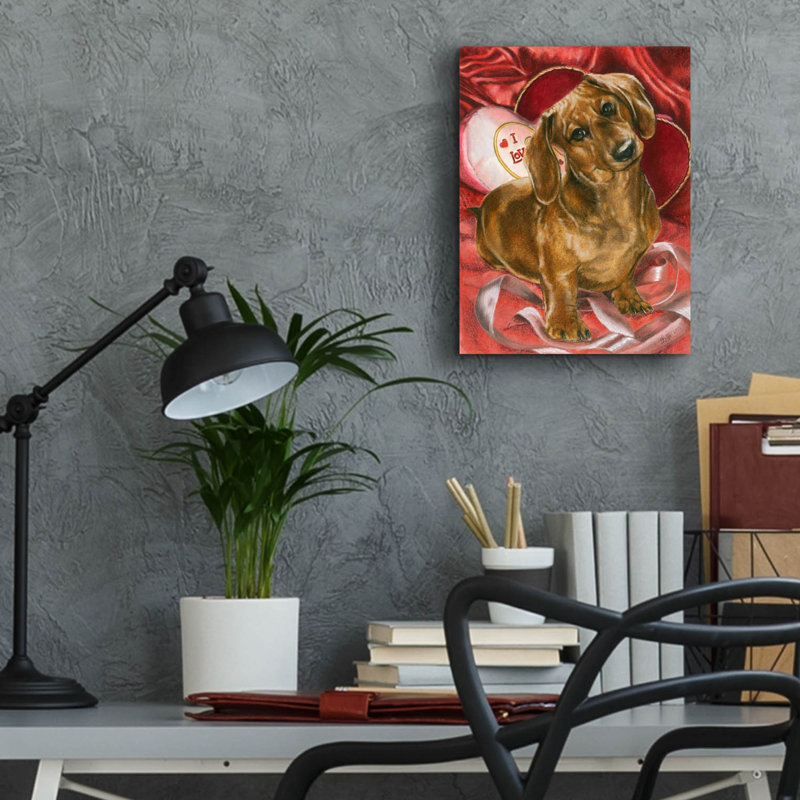 «Dachshund Love» par Barbara Keith - peinture sans cadre, H 16 po x l 12 po x P 0,13 po