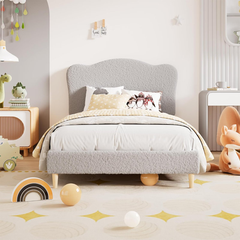 Modern Style Upholstered Twin/Full/Twin XL Daybed Frame for Kids, Twin Platform Bed with Adjustable Scallop Headboard