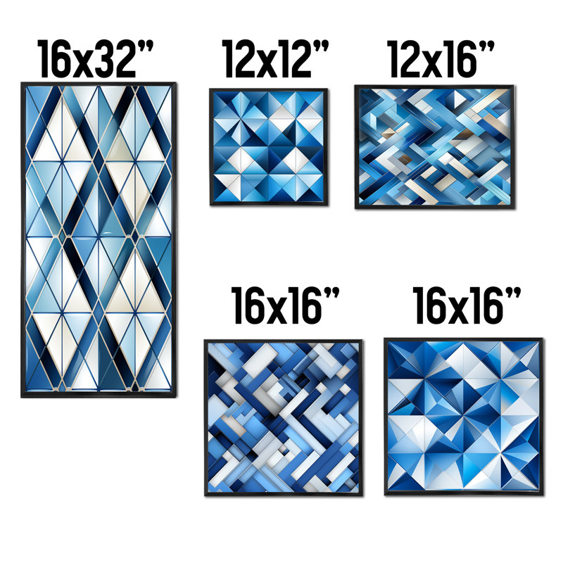 «Deep Cobalt Blue Symmetry Cubes I», ensemble de 5 reproductions d'art sur toiles géométriques, Cadre flottant noir