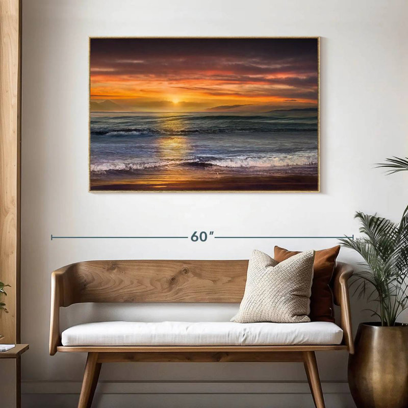 Le coucher du soleil sur la plage de Descanso, Cadre flottant en bois naturel, 46 po x 31 po