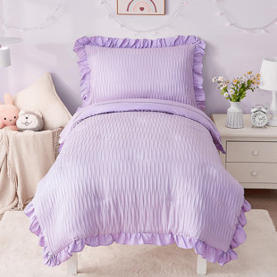 4 Piece Textured Seersucker Toddler Bedding Set Crib Bed Sheets Set Lavender Purple Ruffle Soft Lightweight Comforter Set Bed In A Bag | Include Comforter, Flat Sheet, Fitted Sheet, Pillowcase
