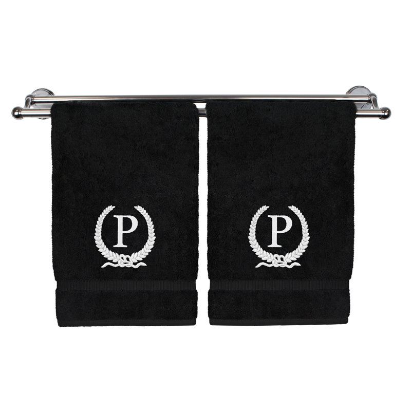 Essuie-mains monogramme - ensemble de 2 - lettre de conception de couronne, Noir / blanc, P