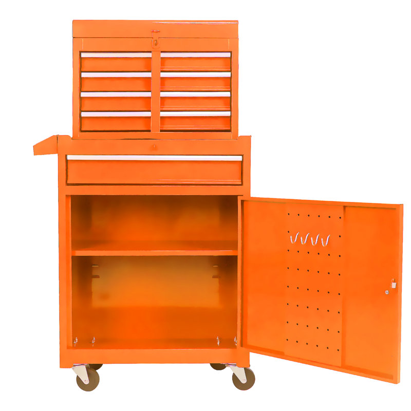 5 Metal Tool Chest With Lockable Wheels & Hook Holes - Orange Storage Side Handles, Orange
