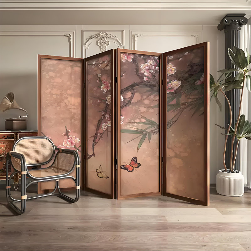 Vintage Floral & Butterfly Folding Screen, 70.87" H x 94.49" W x 1.57" D