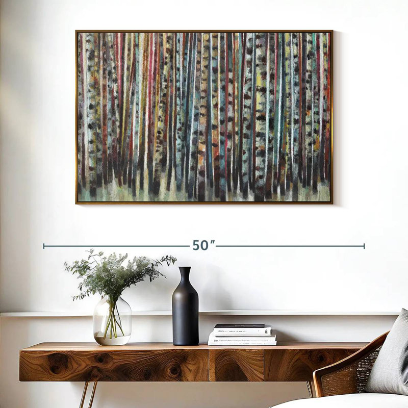 Forêt de bouleaux peinte, Cadre flottant doré, 40 po x 27 po