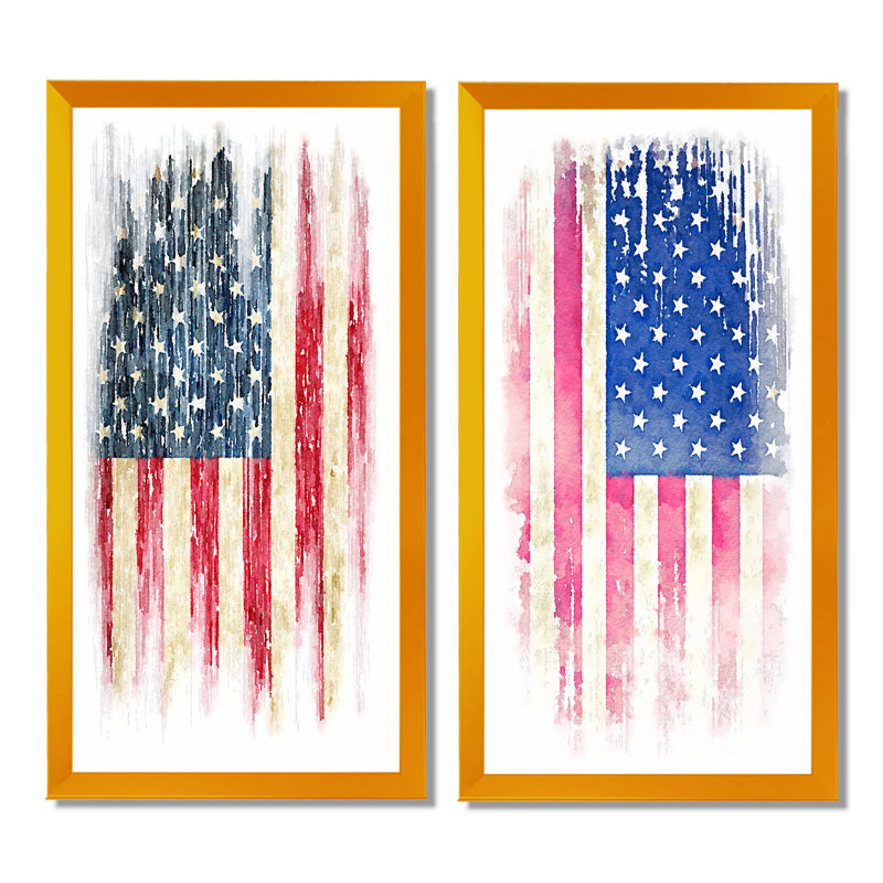 «American Flag Grunge», ensemble de 2 peintures sur toiles, H 32 po x l 32 po x P 1 po, Cadre photo doré