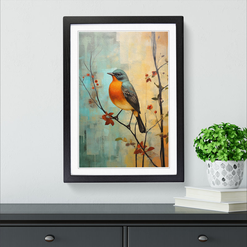 Robin Bird Modern No.2 - Single Picture Frame Print on Wood, Black, 46cm H x 34cm W x 2cm D