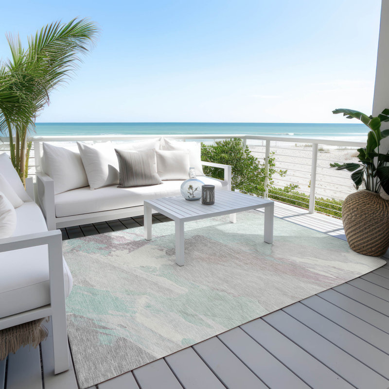 Machine Washable Indoor/Outdoor Claudian ACN1515 Seafoam Rug, Rectangle 3' x 5'