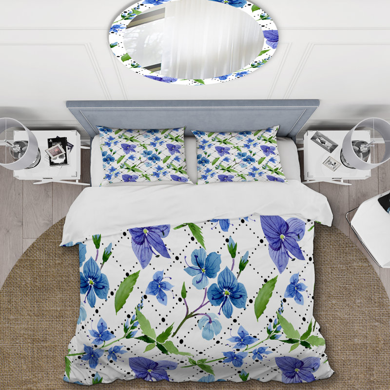 Fleurs bleues et feuille verte - ensemble de housse de couette floral - microfibre de polyester