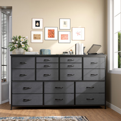 Commode de 130 cm de large à 16 tiroirs avec station de recharge pour chambre et meuble télé de 152 cm, gris