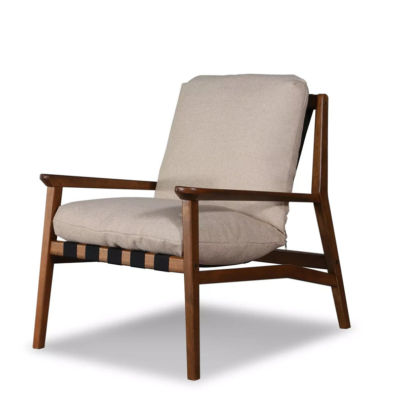 Mid Century Solid Wood Lounge Chair, Beige Linen Blend, Charcoal