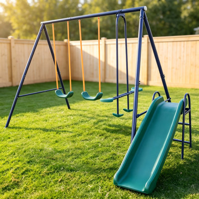 3-in-1 Metal Swing Set with Belt Swing, Glider and Slide, Outdoor Backyard Playground for Kids Ages 3-8