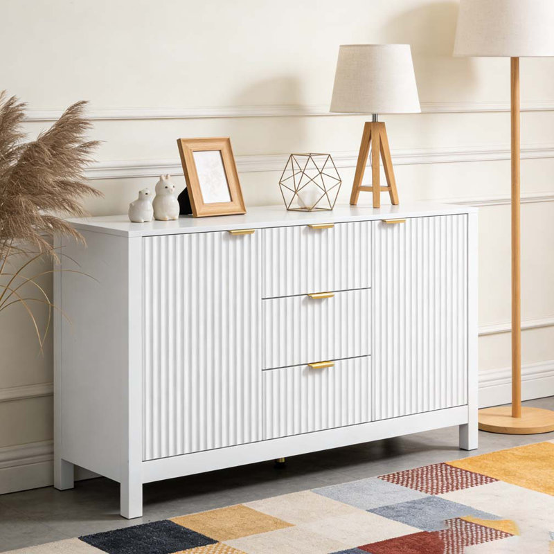 Sideboard with Wave Design - 3 Adjustable Shelves, 3 Drawers & Soft-Close Doors, White
