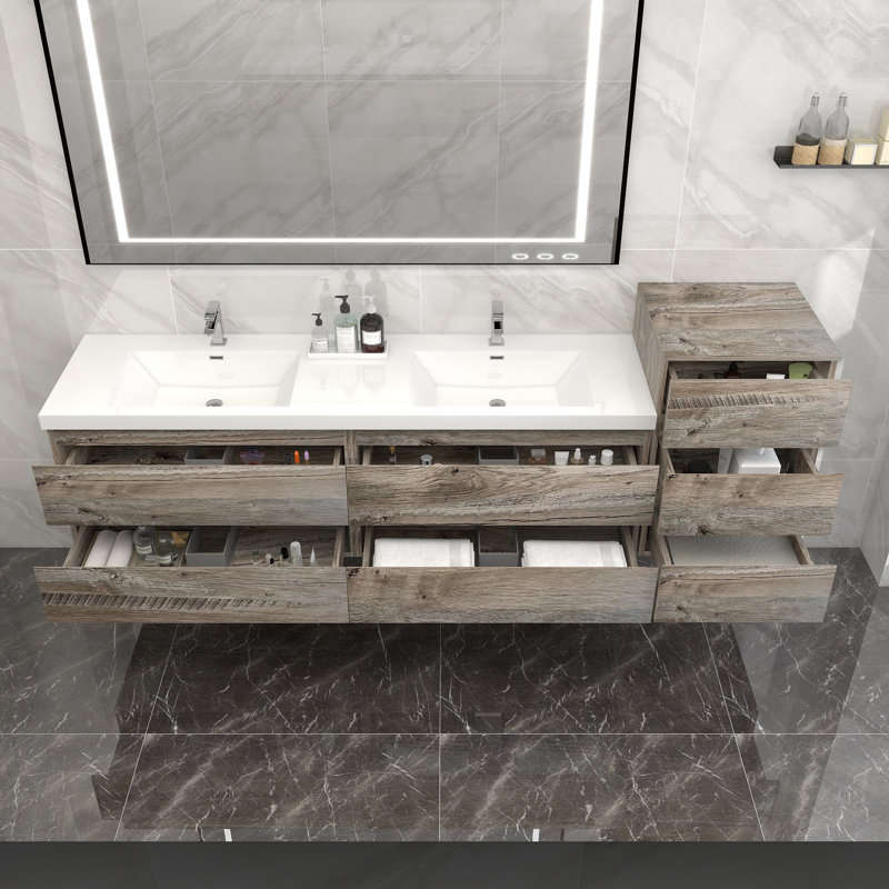 Ensemble de meuble-lavabo double mural 104 po Moreno Bailey, Bois naturel