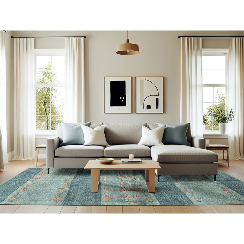 Tapis contemporain gris / bleu clair, Rectangle 6 pi x 9 pi