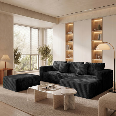 108'' Corduroy Black Sofas Cloud Modular Sectional , Deep Seat, L and U Shape Soft Frame Design Couch with 2 Ottomans for Living Room