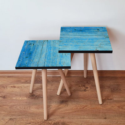 Modern Blue Nesting Tables (2 Pieces), 100% MDF with Beech Wood Legs, Larger Table: 13.8 x 18.5 x 13.8 inches, Smaller Table: 13.8 x 16.5 x 13.8 inches | Stylish Design for Living Room & Office, Durable & Elegant