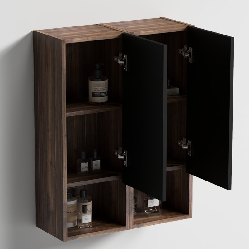 Armoire de rangement noire et noyer pour petits espaces, modèle Mid-Century 14 pouces, textures rayées chics, rangement ouvert, panneaux de qualité E1, rails, charnière avec test de rouille de 48 heures, 50 000