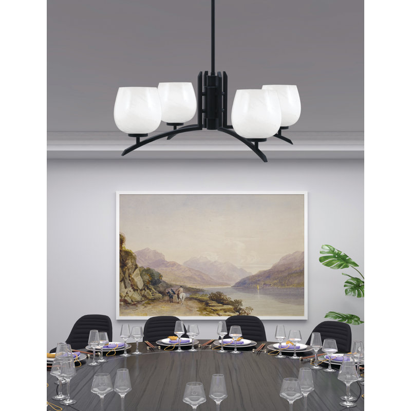 Lustre 4 lumières kurve au fini noir mat avec verre en marbre blanc de 6 po