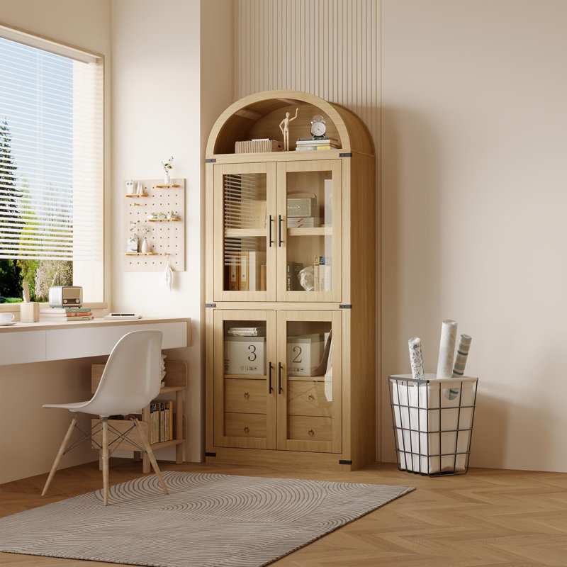 71.7 Inch Tall Arched Bookcase, Glass Door Arched Cabinet with 2 Inner Drawers, Freestanding Arched Display Storage Cabinet