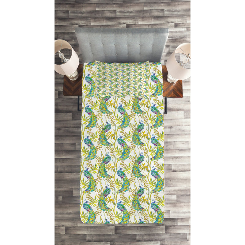 Vibrant Floral Coverlet, Twin Bedspread + 1 Standard Sham, Green/White Floral