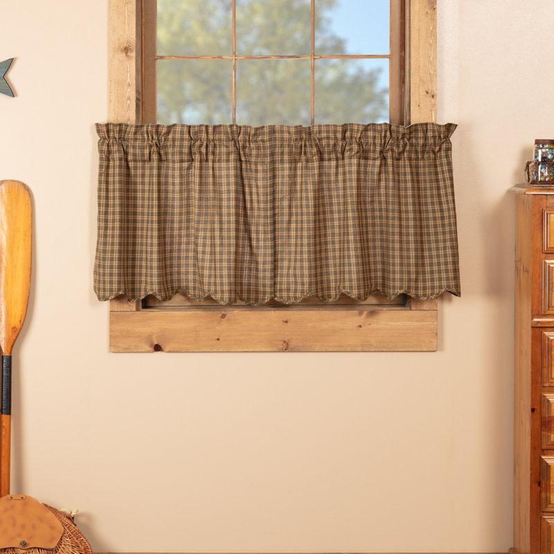 Rideau de café Banhart à carreaux festonnés et écossais en coton vert cèdre / naturel / brun foncé, L 36 po x L 24 po