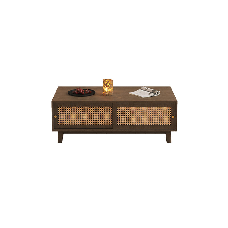Table basse en hévéa avec portes en rotin, Brun