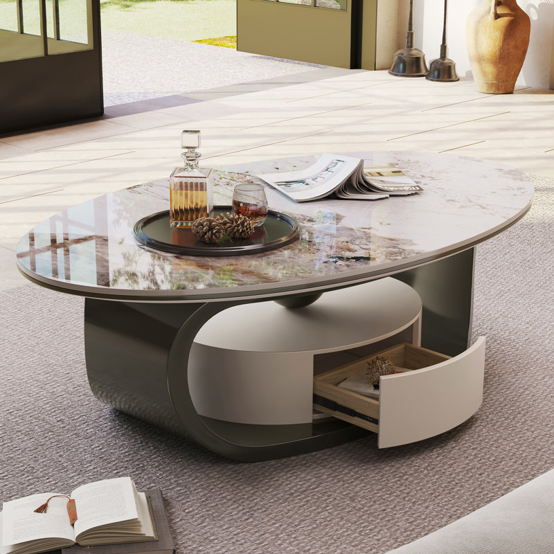 55" Modern Oval Faux Marble Coffee Table with Sled Base & Storage Drawer, Sintered Stone Top, Vintage-Inspired Center Table