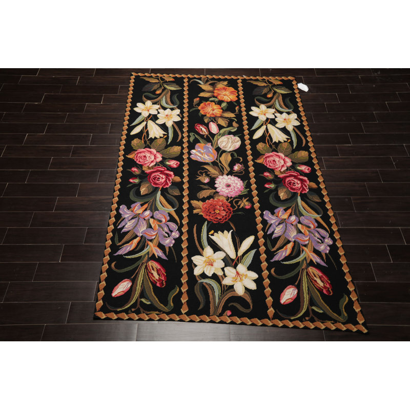 Tapis de jardin traditionnel noir en laine tissé à la main 6 x 9
