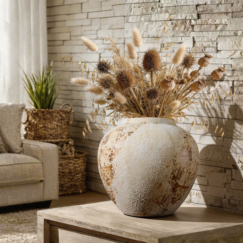 Handmade Ceramic Wide Textured Table Vase, Rustic Style Decorative Vase for Home, Office, Bedroom & Living Room Decor