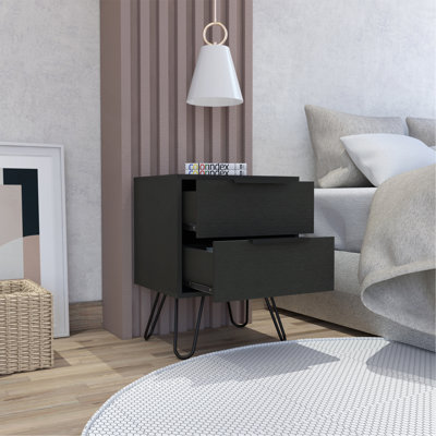 Table de chevet Skyoner 2, pieds Harpin, deux tiroirs, finition wengé noir