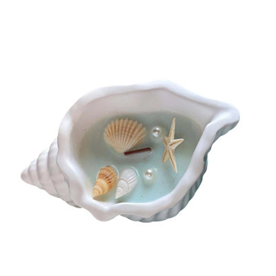 6" Light Blue Unscented Soy Wax Candle In White Resin Novelty Holder With Seashells